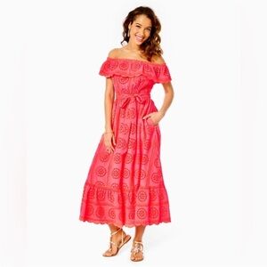 Lilly Pulitzer Liabella Off-The-Shoulder Eyelet Midi Dress Spicy Coral Sunny L